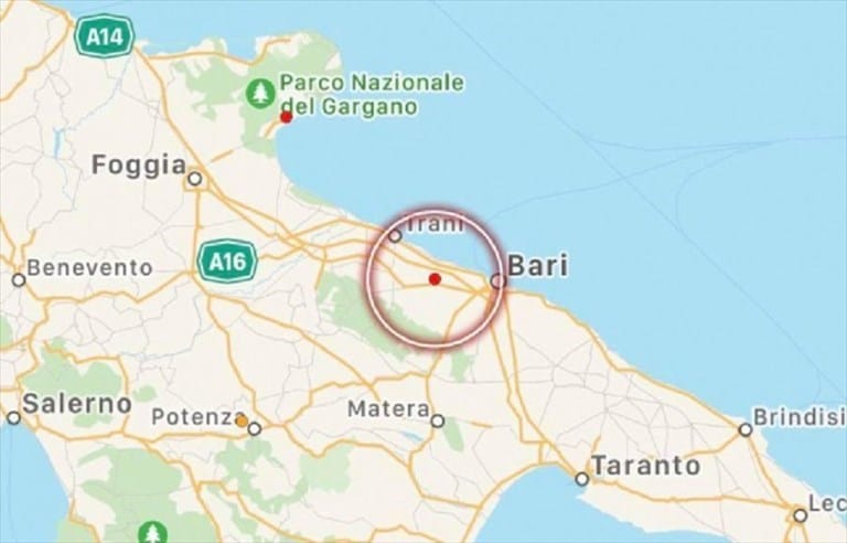 Terremoto oggi, trema nel pomeriggio la terra a pochi chilometri da Bari
