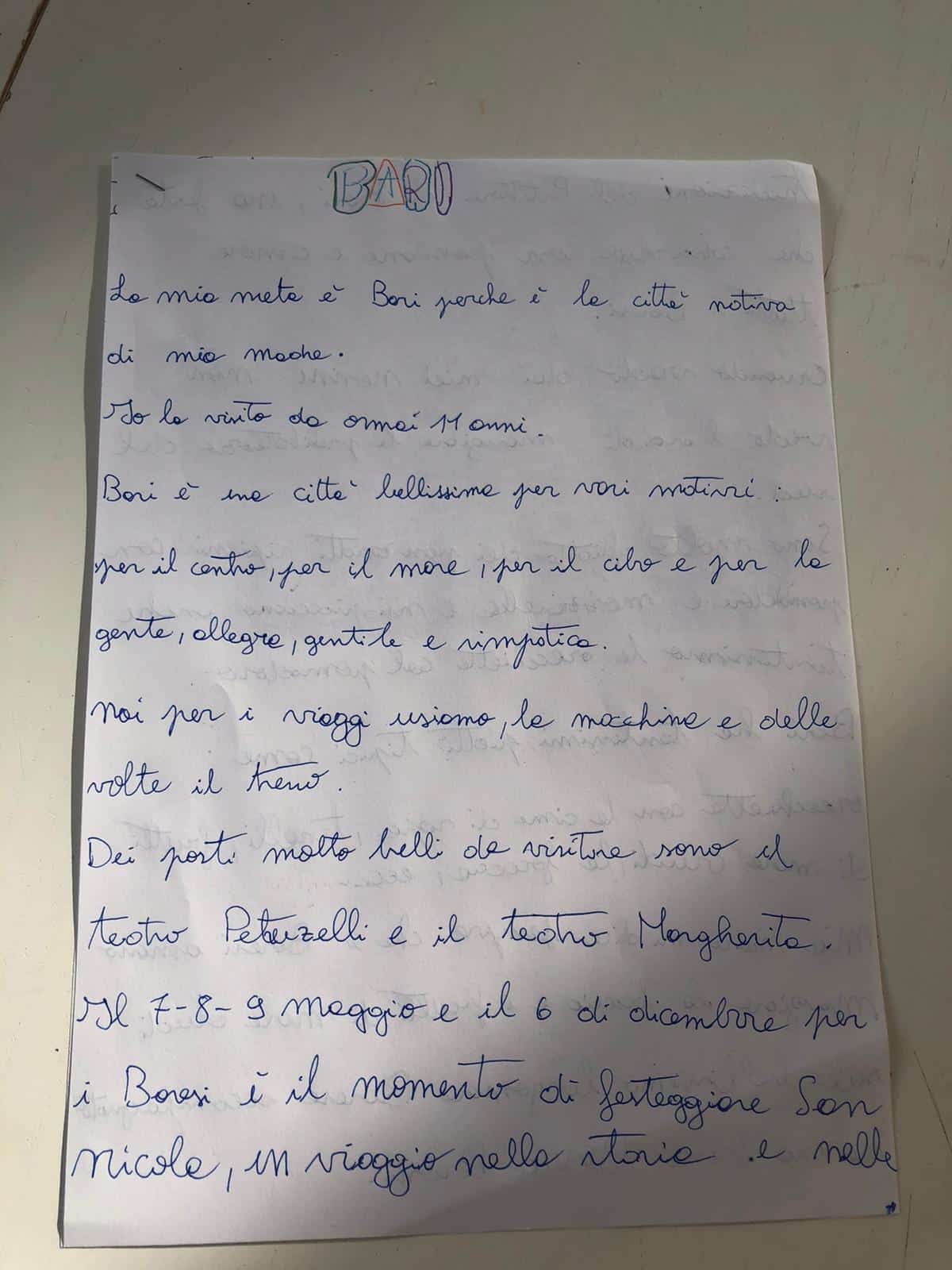 L’orgoglio di essere barese, di una mamma vive altrove, pubblica sui social un tema del figlio che descrive Bari, boom di like