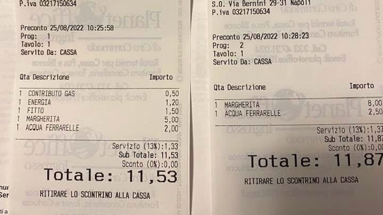 Titolare di pizzeria inserisce nello scontrino il costo di luce e gas