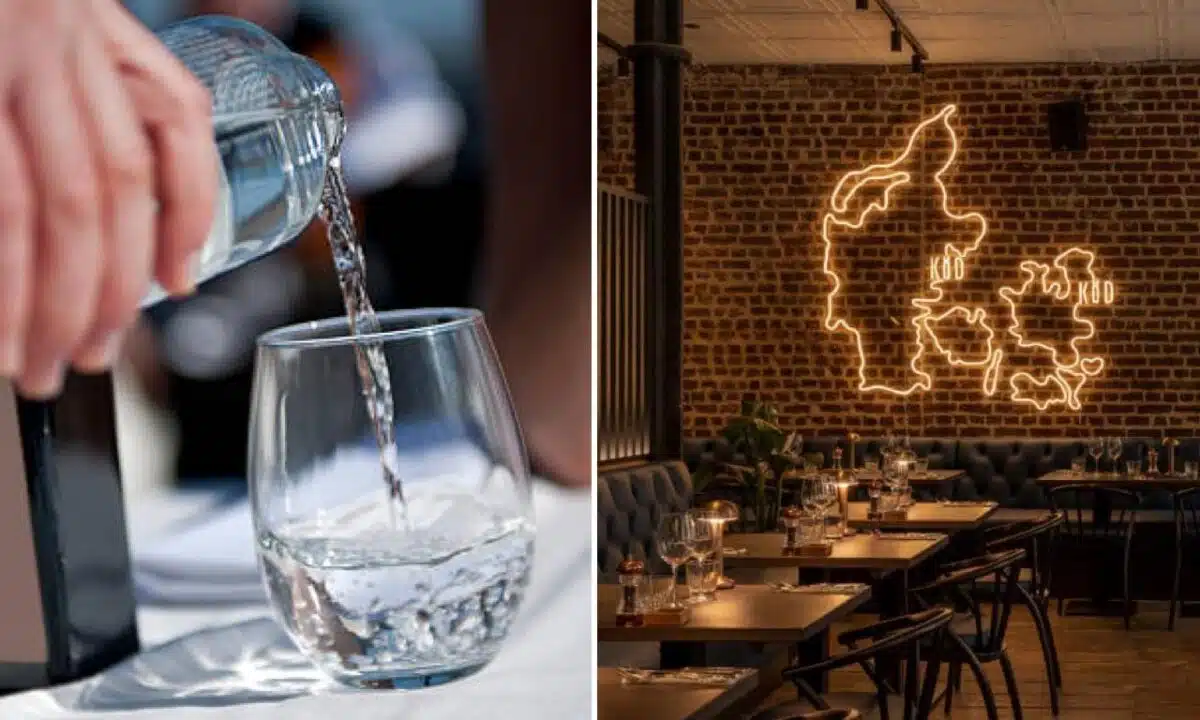 Una coppia a Londra scopre un avviso insolito su un menù di ristorante che suggerisce una donazione se si sceglie solo acqua. Il gestore si difende sostenendo si tratti di umorismo danese.