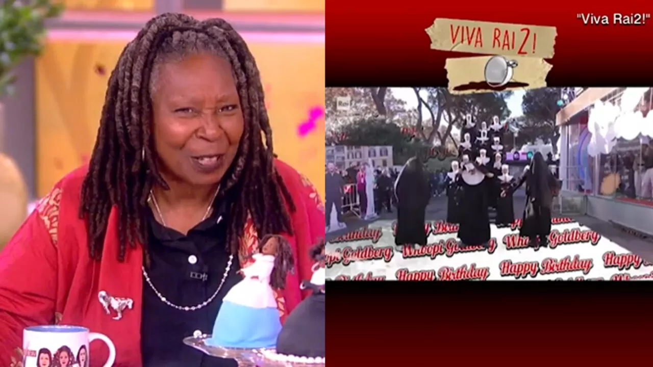 Whoopi Goldberg esprime gratitudine a Fiorello e Mahmood per l'omaggio ricevuto durante 'Viva Rai2!', in occasione del suo 68° compleanno.