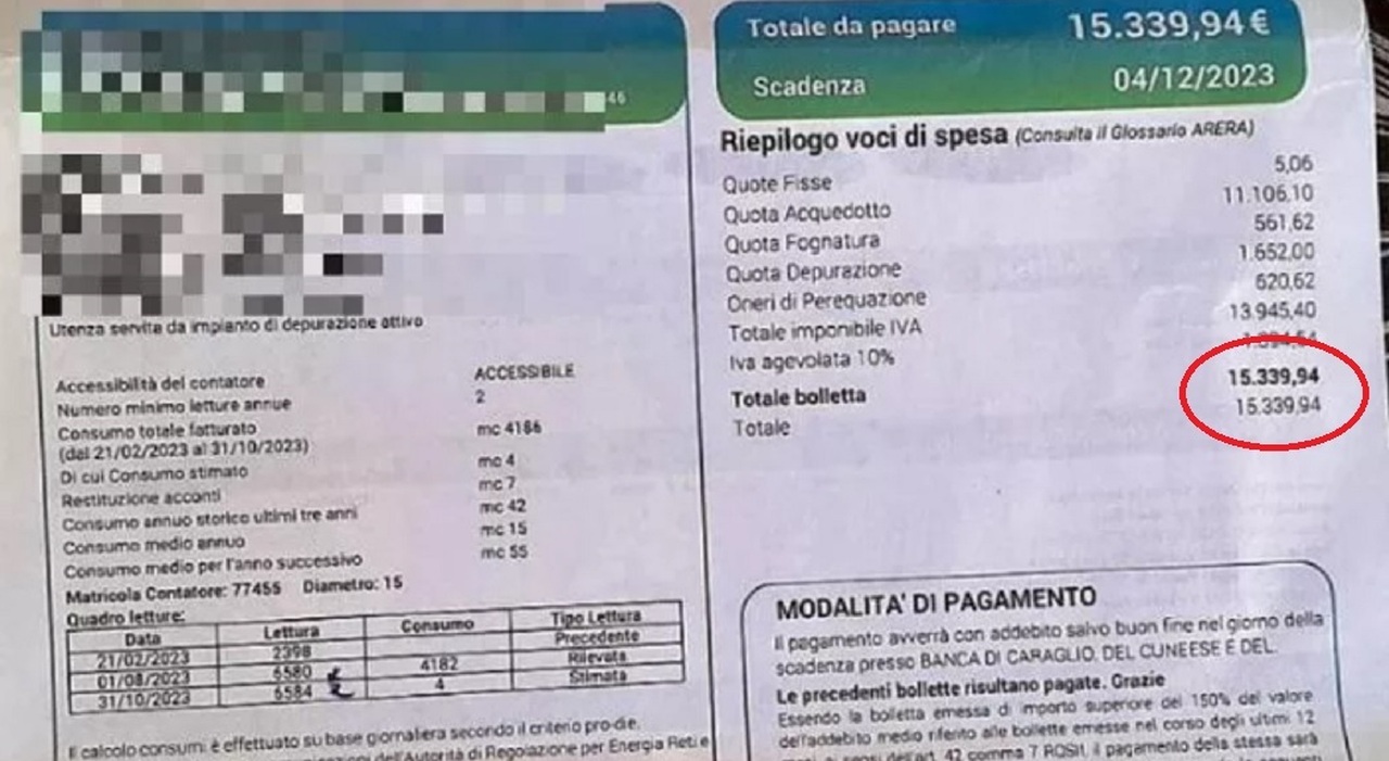 Caterina Giovinazzo, 88enne, è stata ricoverata in rianimazione dopo aver ricevuto una bolletta dell'acqua di 15.339 euro, parzialmente coperta da un pagamento automatico della sua banca.