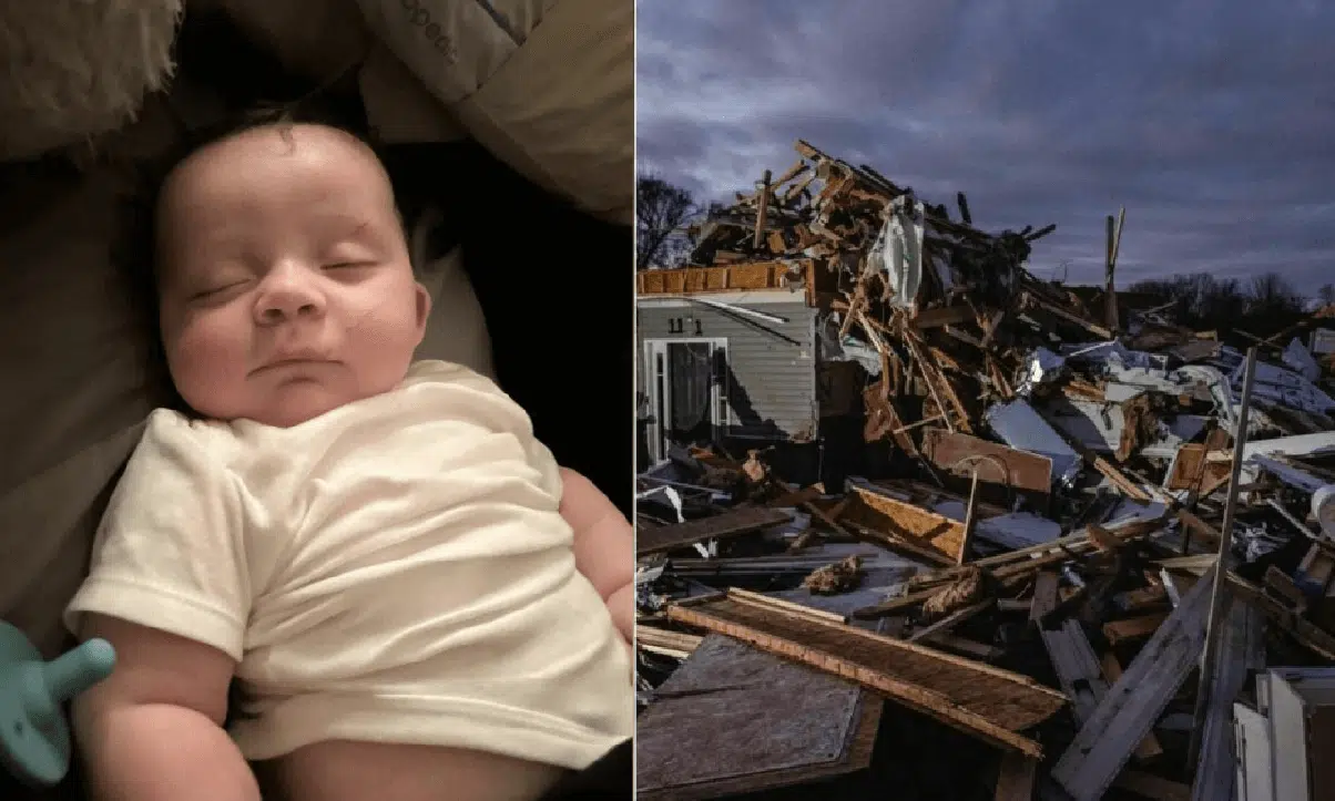 In Tennessee, un bimbo di 4 mesi è stato miracolosamente ritrovato vivo su un albero dopo il devastante tornado, nonostante la distruzione totale attorno.