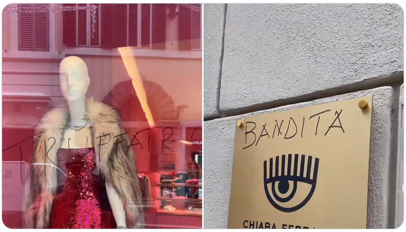 Roma, atto vandalico contro il negozio di Chiara Ferragni in via del Babuino: vetrine deturpate con insulti, “Truffatrice, bandita”